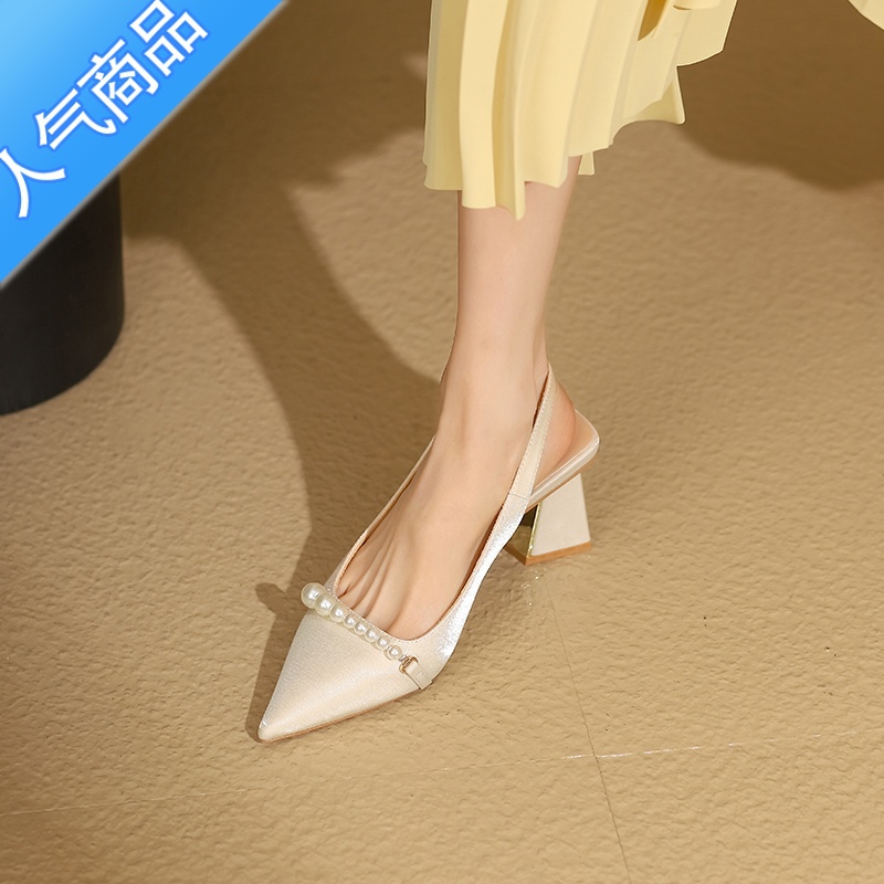 SUNTEK法式缎面高级感夏季旗袍高跟鞋女白色粗跟单鞋包头凉鞋婚鞋新娘鞋高清大图