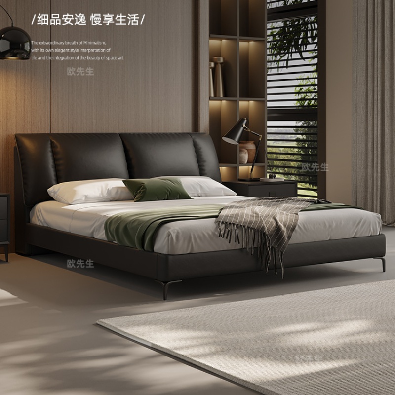 比翼床双靠包头层牛皮床主卧次卧双人大床实木真皮极简婚床高清大图