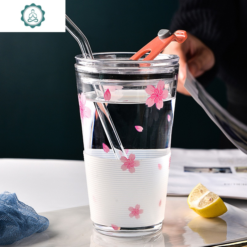 加厚吸管杯大容量透明带盖玻璃杯家用牛奶早餐杯带刻度果汁杯封后高款