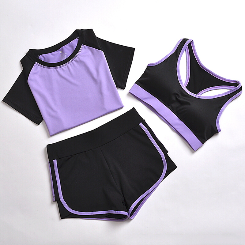 夏季运动套装女瑜伽服运动三件套跑步健身服速干运动短裤防震背心