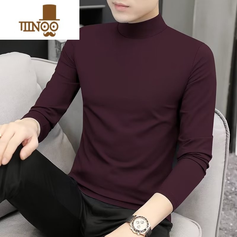 YANXU莫代尔半高领长袖t恤男士薄款修身内搭打底衫中领秋衣男高清大图