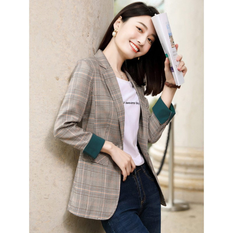 suntek小西装女外套春秋新款小个子休闲韩版英伦风上衣网红炸街格子
