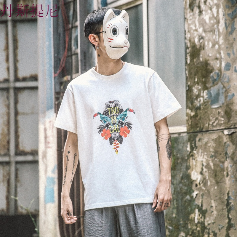 东京衣柜夏季新款日系创意手绘卡通印花短袖T恤男潮流百搭休闲TEE白色