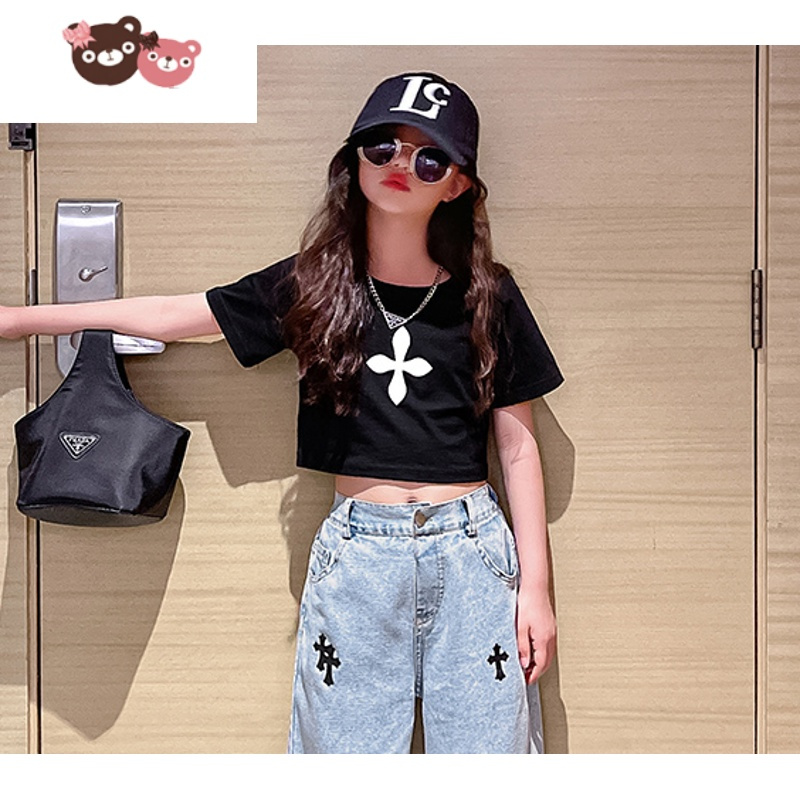 绿彩虹光女童夏季短款t恤露脐上衣儿童夏装时髦街舞短袖中大童夏款潮