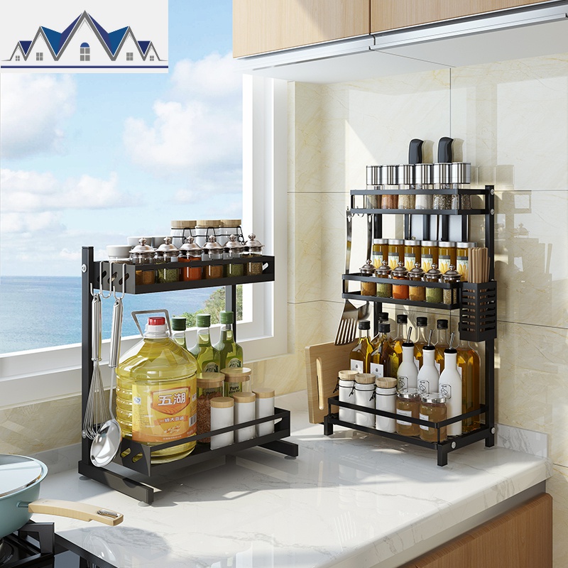 厨房置物架不锈钢黑色台面多层筷子刀架油盐酱醋调味品调料收纳架_4_231高清大图