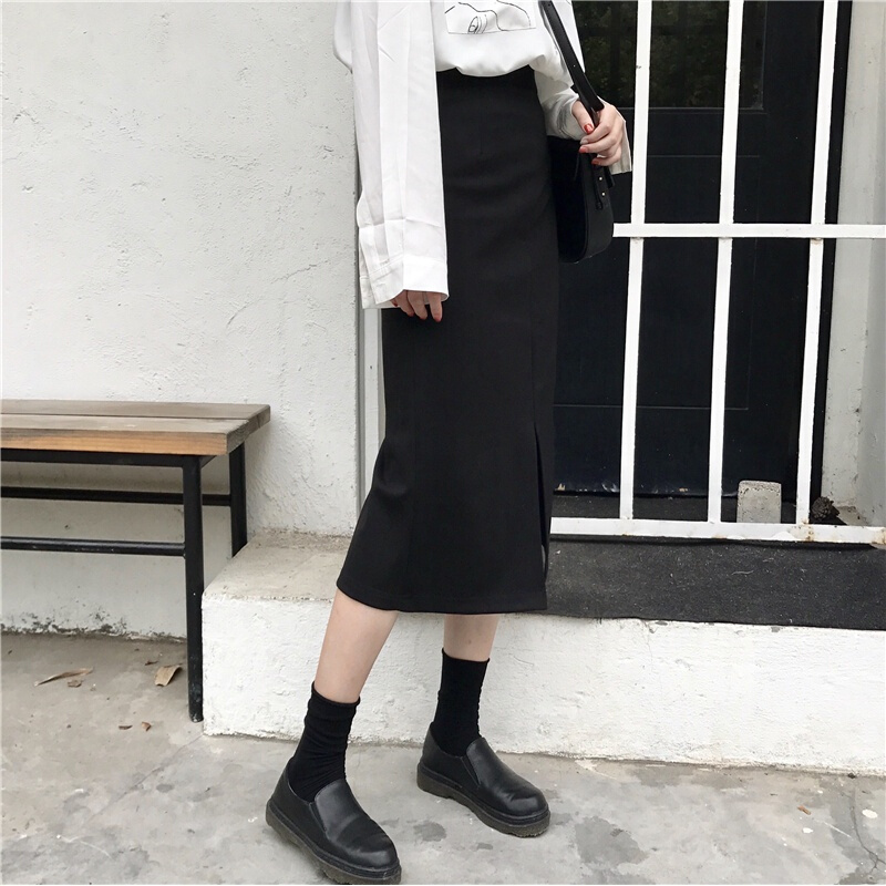 春季韩版百搭开叉A字半身裙女显瘦高腰包臀中长裙修身一步裙黑色
