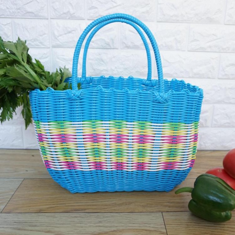 菜篮手提购物篮子塑料编织收纳筐浴室洗澡沐浴买菜装菜野餐采摘蓝 大号蓝色花色