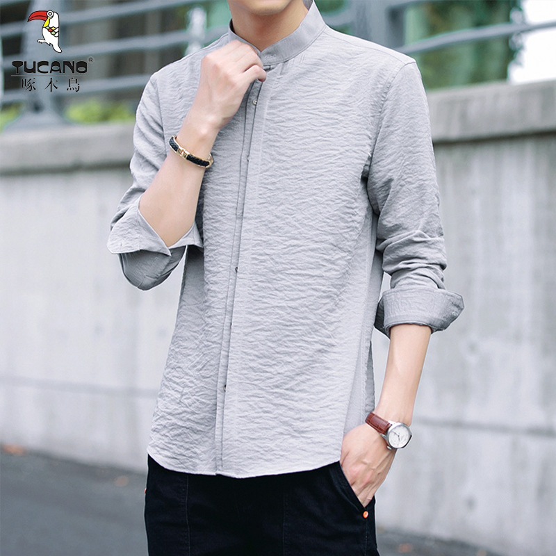 啄木鸟小立领抗皱易打理衬衫男士四季中山装青年圆领中式占领衬衣高清大图