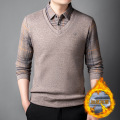 新款t恤加绒假两件男士长袖polo衫加厚鸡心领休闲打底衫男装上衣 L 咖啡色
