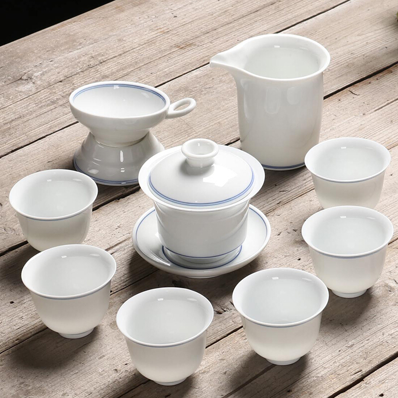 百鸿(Baihong)功夫茶具套装德化陶瓷高白玉瓷手绘盖碗茶杯茶具茶漏整套家用礼品 子母线玉瓷功夫茶具套装