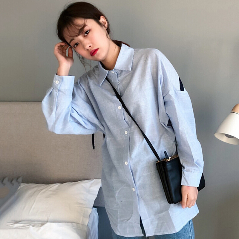后背织带拼接宽松中长款白衬衫女长袖衬衣外套学生上衣潮蓝条纹均码
