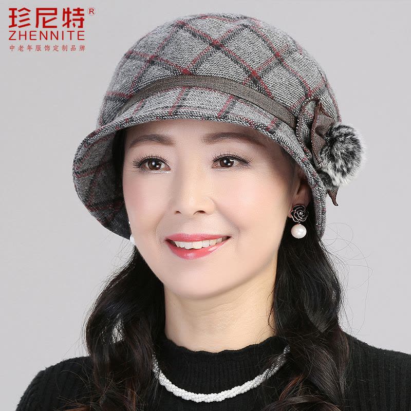 羊毛呢帽子女春秋冬季中老年渔夫帽中年妈妈盆帽奶奶保暖老人女帽 藏青 均码(可调节)图片