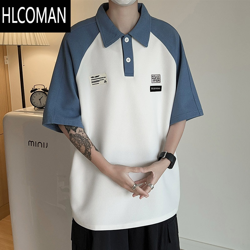 HLCOMAN夏季翻领拼色短袖polo衫男休闲百搭日系潮牌韩版潮流学生宽松T恤