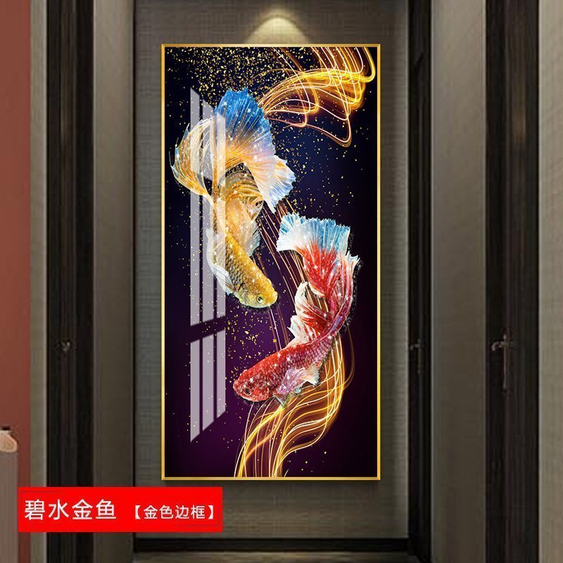 年年有鱼九鱼图玄关装饰画走廊过道挂画客厅酒店风水新中式画壁画 碧水金鱼（金色边框） 40*80cm晶瓷画(晶瓷工_905