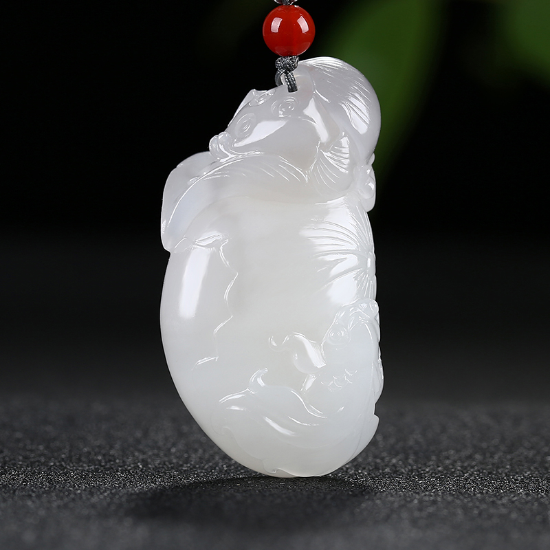 [连年有余]新疆和田玉白玉莲蓬鱼吊坠玉佩烟青挂件玉坠天然玉石