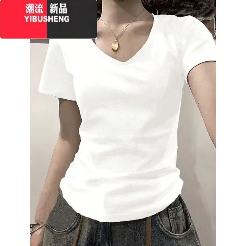YIBUSHENG正肩短袖t恤女2024季新款修身显瘦百搭外穿基础款打底上衣k高清大图