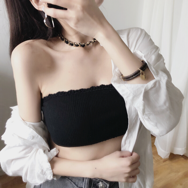韩版夏季蕾丝抹胸无肩带裹胸文胸背内衣文胸黑裹胸+黑打底裤均