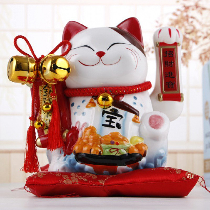 日式发财猫陶瓷特大号电动摇手猫摆件客厅店铺开业礼品收银台 三维工匠 11寸新款683八方来财