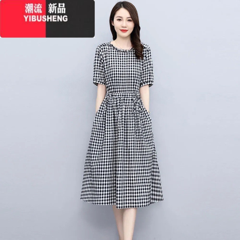 YIBUSHENG复古季新款格子连衣裙女大码短袖减龄文艺格子裙抽绳收腰中长裙 黑色 4XL建议160-180斤