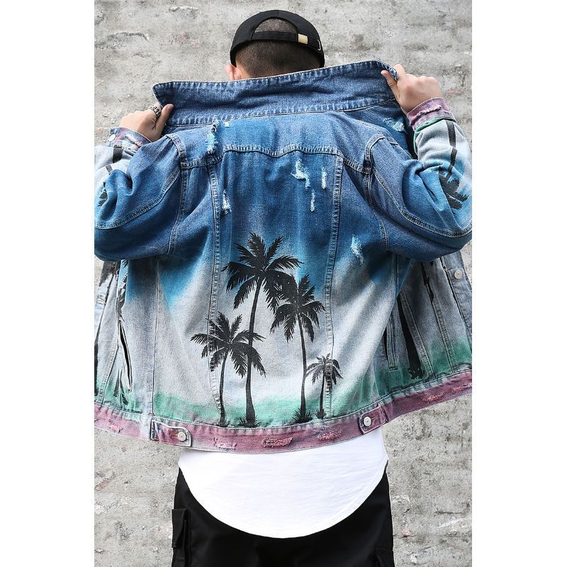潮牌牛仔服网红同款牛仔衫男士椰树喷洗磨破印花牛仔外套 蓝色