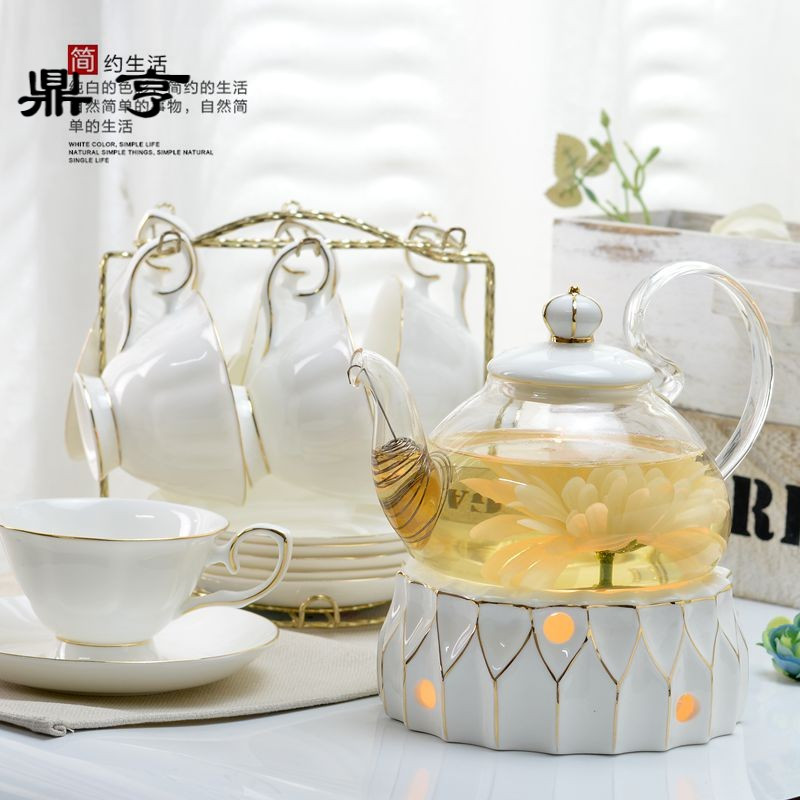 鼎亨花茶壶套装耐热玻璃煮水果茶壶陶瓷下午茶花果茶具蜡烛加热温