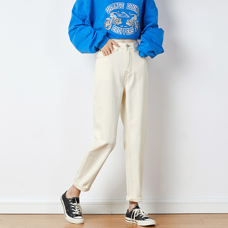5折价998元春秋新款高腰牛仔裤女白色直筒宽松萝卜裤老爹裤哈伦ins潮