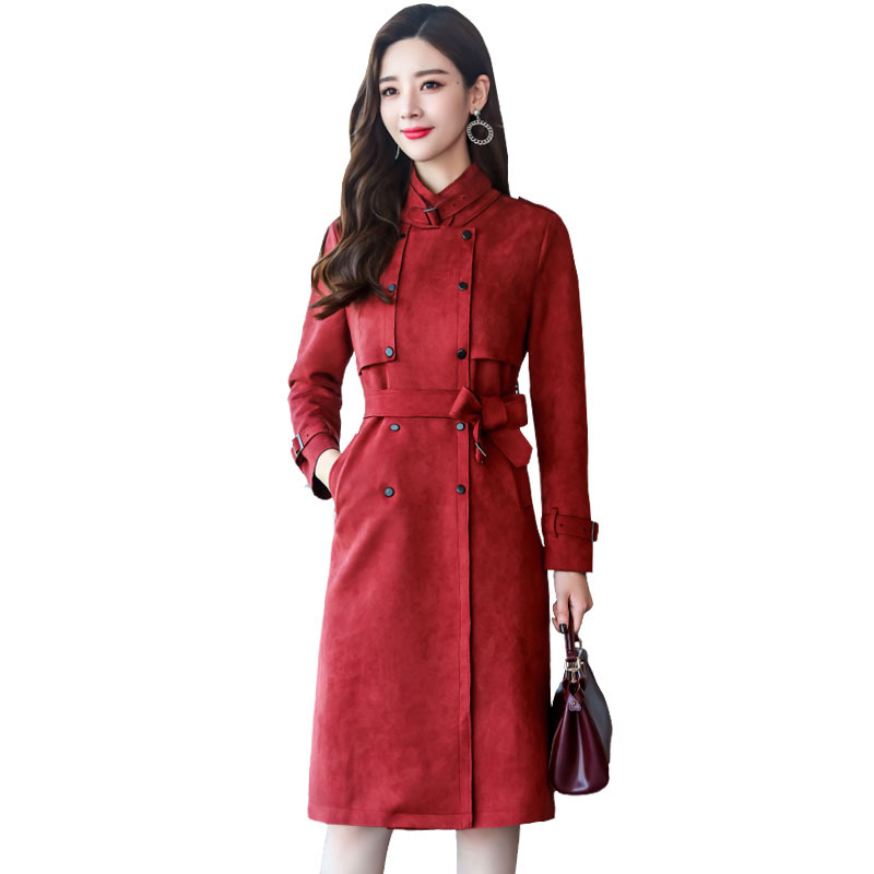 风衣女中长款女士秋季新品韩版修身显瘦鹿皮绒过膝大衣女时尚外套