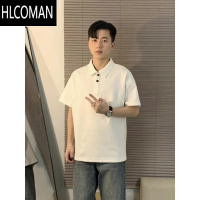 HLCOMAN纯黑色短袖男polo衫痞帅成熟稳重男装衬衫领t恤夏季五分半袖
