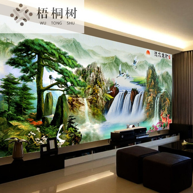 新款印花十字绣客厅风景山水画流水生财福禄寿迎客松十字绣刺绣满绣装束啊中格3股150*63cm棉线
