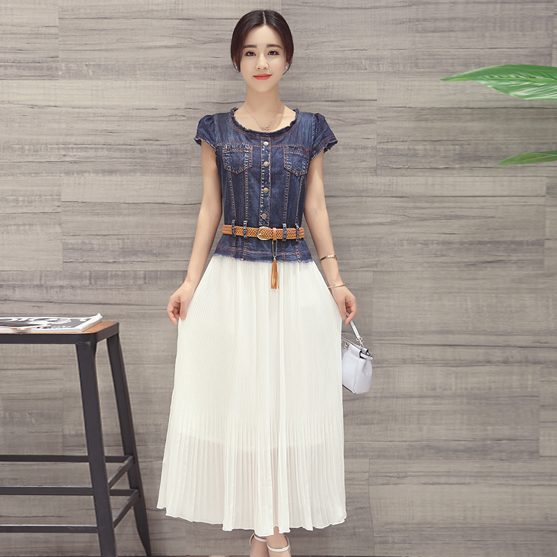 女士新品夏新品装女时尚短袖纱网韩版连衣裙子牛仔网纱拼接百褶裙