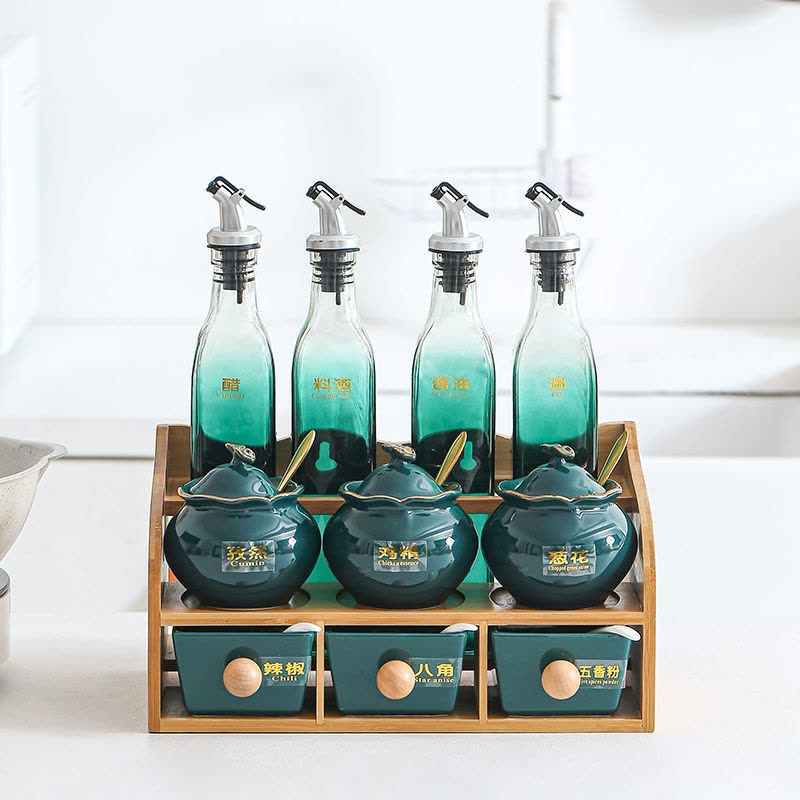 轻奢北欧陶瓷调料盒油壶调味瓶玻璃瓶密封罐盐味精佐料套装收纳盒图片