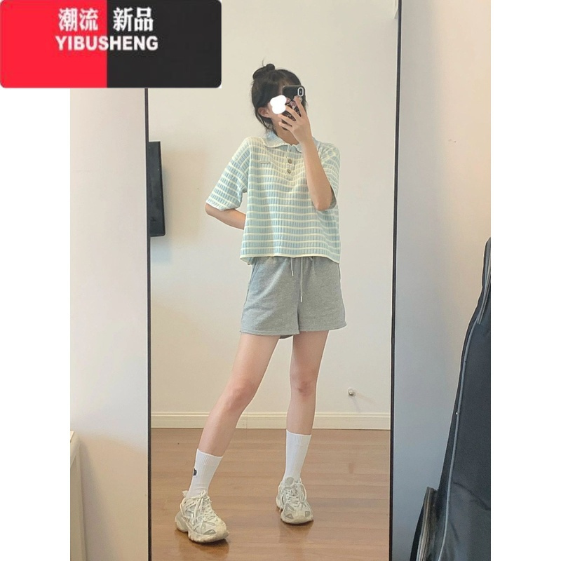 YIBUSHENG浅蓝色条纹短袖t恤女季正肩设计感小众宽松甜美奶乖polo衫上衣