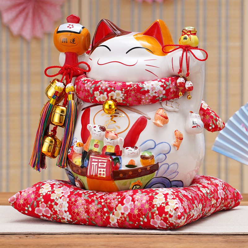 猫摆件 店铺开业礼品 日式特大号家居收银台陶瓷存钱罐发财猫 三维工匠 经典红-八方来财猫高清大图