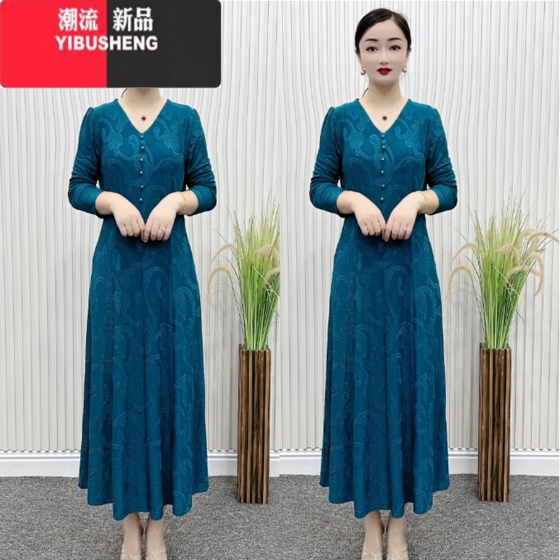YIBUSHENG2024季新款中年女改良旗袍裙子妈妈装气质显瘦碎花连衣花 4XL135-150 领蓝色