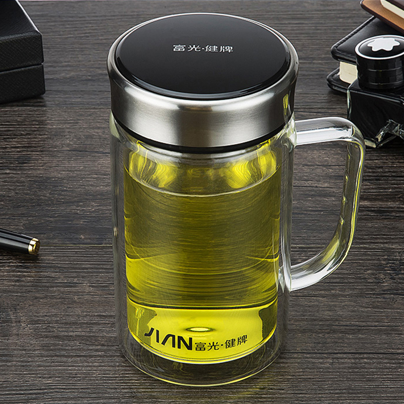 富光健牌 带把双层玻璃杯 便携水杯茶杯办公杯 带盖过滤 380ml(个)[c