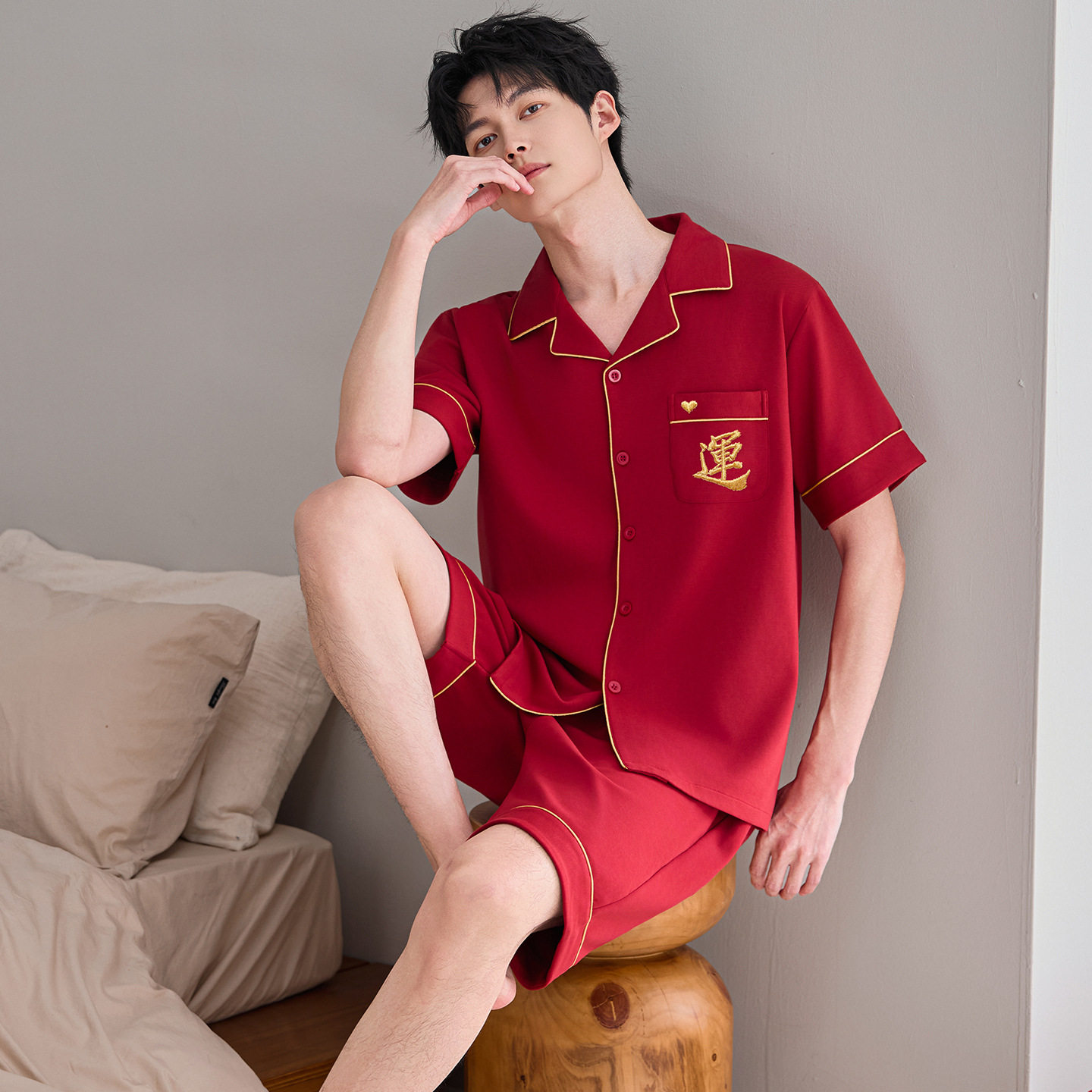 本命年大红色春夏男士纯棉结婚喜庆家居服可外穿短袖短裤开衫套装高清大图