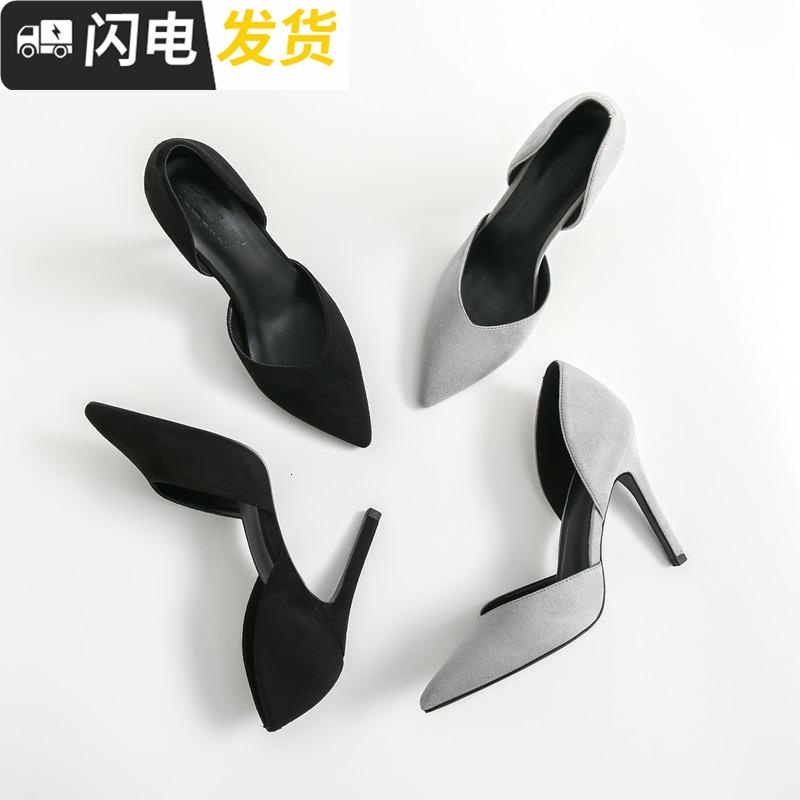 春季单鞋女2022新款黑色尖头少女高跟鞋女秋细跟中空浅口绒面职业启如休闲鞋