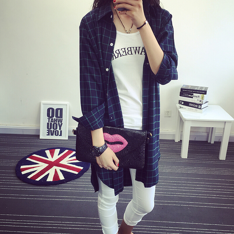 春装2018韩版宽松衬衣女中长款格子条纹衬衫女学生外套潮