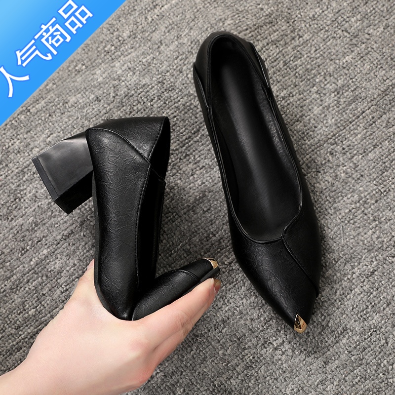 SUNTEK空乘高跟鞋女粗跟2023春秋新款百搭性感单鞋职业工作鞋黑色小皮空高清大图