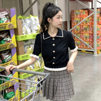 唐狮新款小香风上衣女夏季2023黑色针织短袖T恤荷叶边翻领小衫x_5528 M 黑色