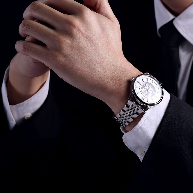 阿玛尼(EMPORIO ARMANI)手表 商务正装男士时尚腕表 钢带机械表镂空 防水皮带手表 机械表 男AR1945