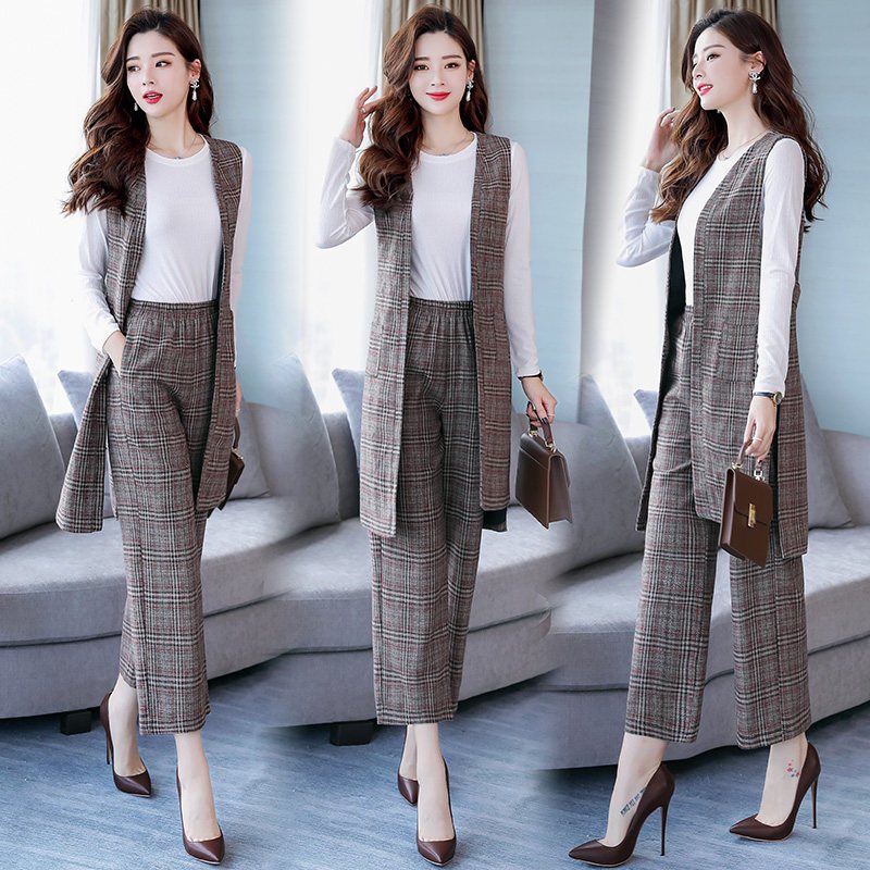 女士秋装新品时尚修身女格子三件套阔腿裤女神范洋气大码时髦套装