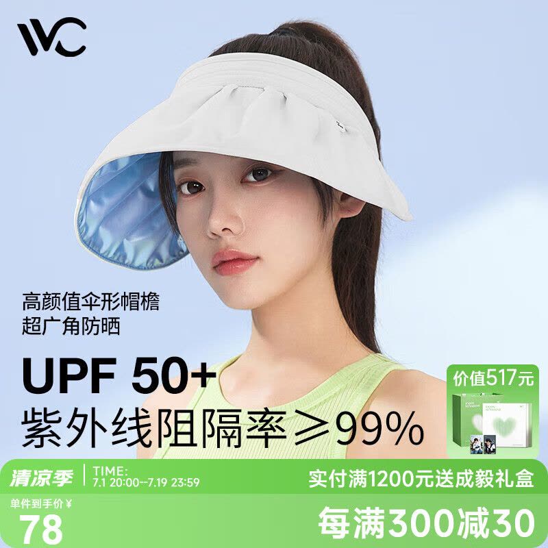 VVC成毅推荐防晒帽女遮阳帽空顶太阳帽子防紫外线大檐贝壳帽 冰川白图片