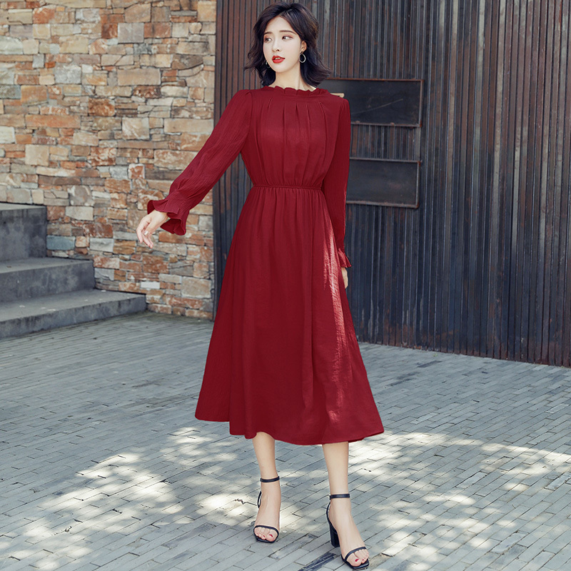 长裙女春秋季女士新品韩版长袖裙子褶皱仙女裙清新淑女气质连衣裙