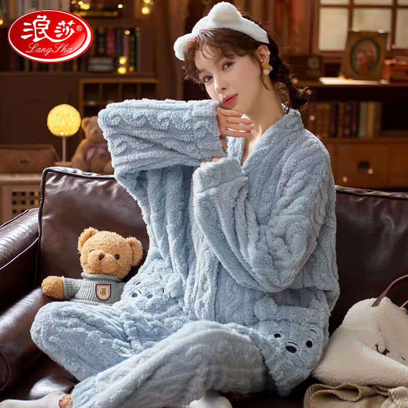 浪莎睡衣女长袖珊瑚绒秋冬季加绒加厚法兰绒冬天加大码家居服套绒高清大图