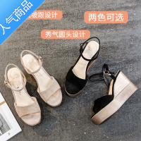 SUNTEK紅晴綎坡跟凉鞋女2023夏季绒面厚底防水台鱼嘴裸色高跟罗马鞋