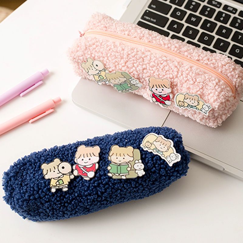 ins少女心毛绒笔袋韩版网红女生初中网红简约羊羔毛文具盒收纳包