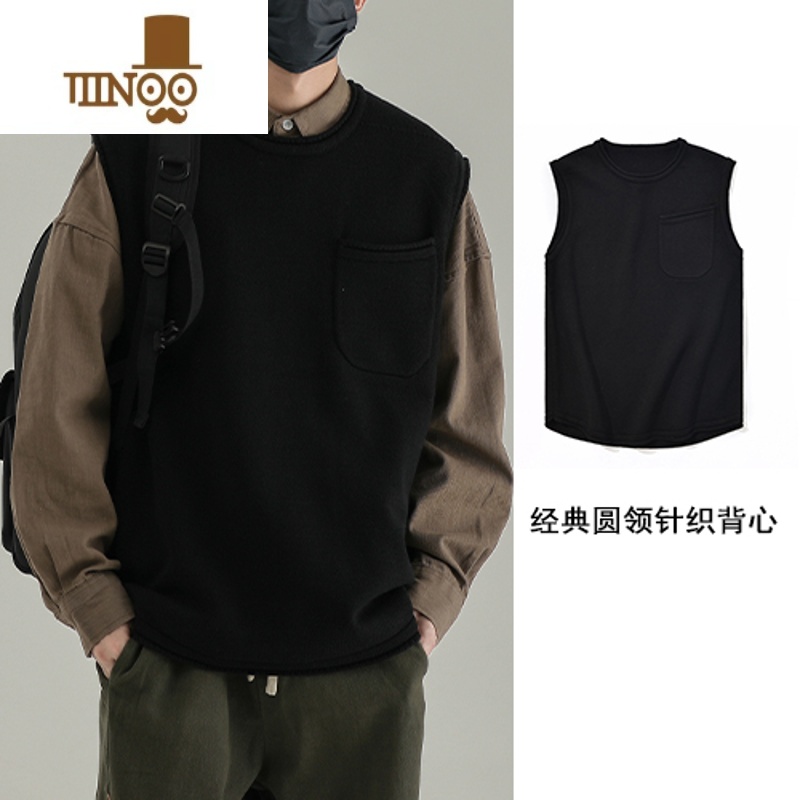 YANXU无袖毛衣男背心潮牌套头打底坎肩宽松外套圆领针织马甲 M 黑色针织背心