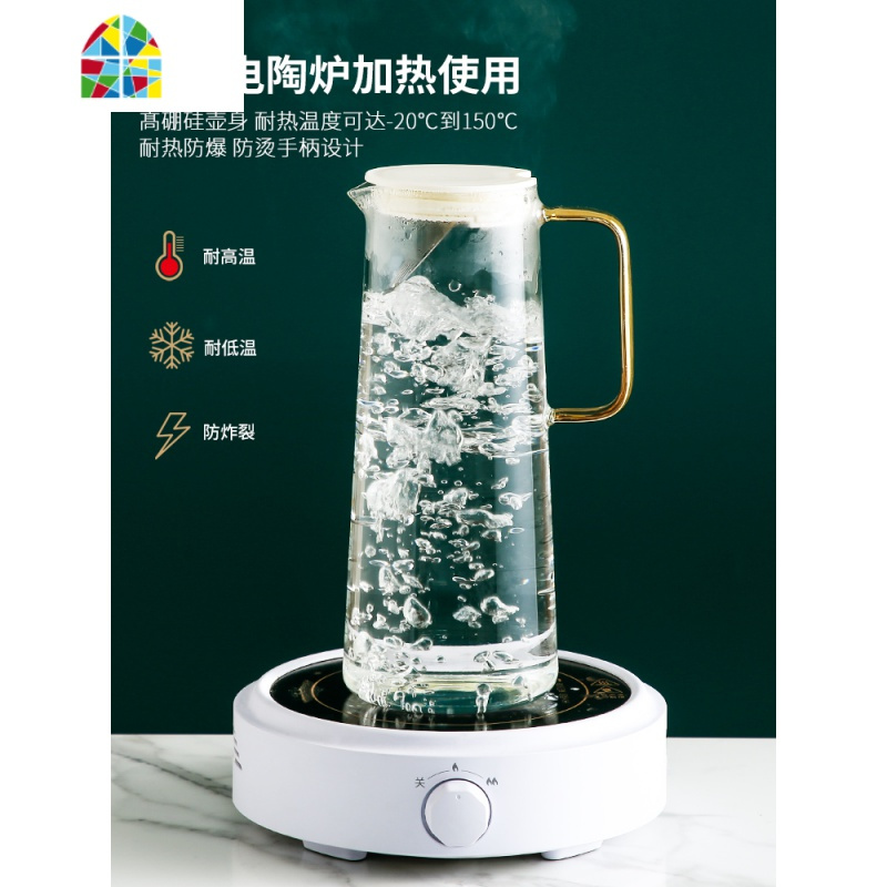 凉水壶玻璃可高温大容量 冷水壶套装北欧创意 家用水杯凉白开水壶 FENGHOU 6杯6方勺+金架+小号描金托盘时尚橙