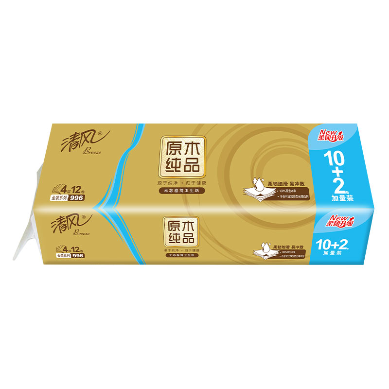 清风卷纸金装原木无芯卷筒纸卫生纸家庭实惠手纸厕纸996克4层12卷*2提高清大图